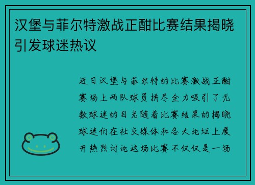 汉堡与菲尔特激战正酣比赛结果揭晓引发球迷热议