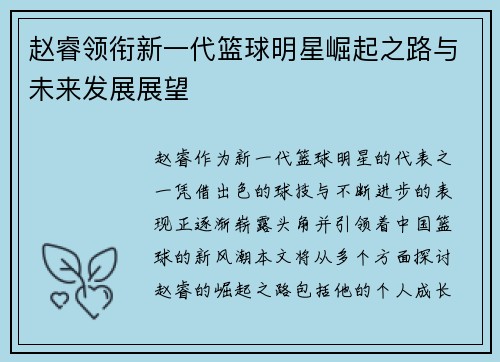 赵睿领衔新一代篮球明星崛起之路与未来发展展望